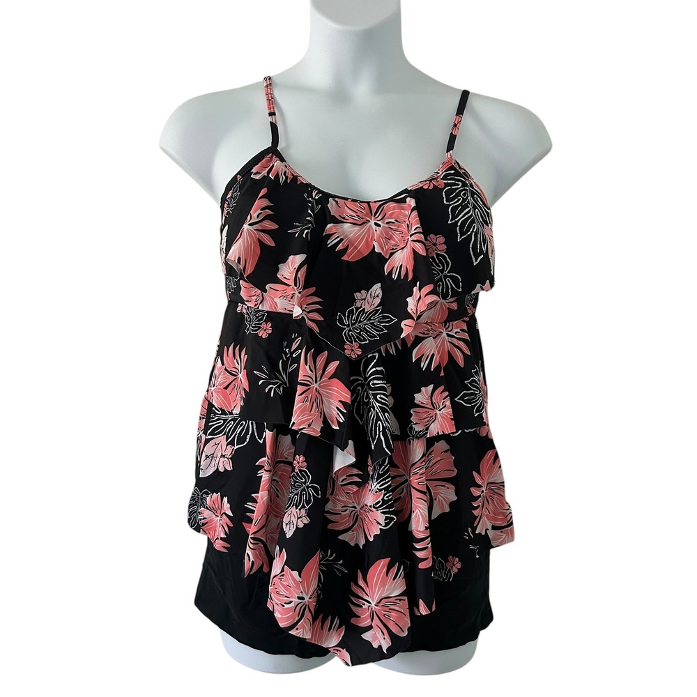 Womens Two-Piece Tankini Boy Short Floral Ruffle Adjustable Padded Swimsuit 2XL